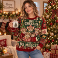 woman wearing an ugly christmas sweater with the ho cheeses for us