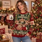 woman wearing an ugly christmas sweater with the ho cheeses for us
