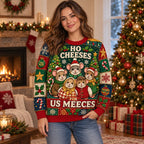 woman modeling an ugly christmas sweater with mice and a christmas tree