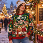 woman in a beanie wearing a mice pun christmas sweater at a