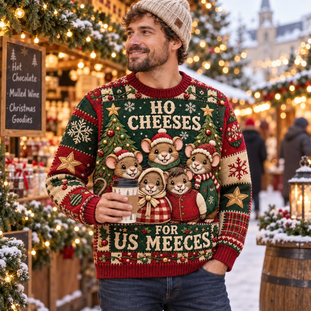 man in a beanie wearing a christmas sweater with cute mice in