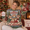 woman wearing an ugly christmas sweater with mice and ho cheeses for
