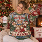 woman wearing an ugly christmas sweater with mice and ho cheeses for
