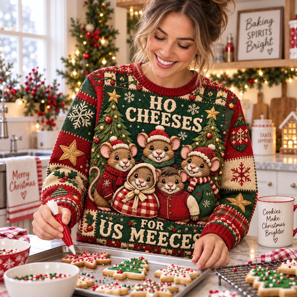 woman decorating christmas cookies in a ho cheeses for us meeces holiday