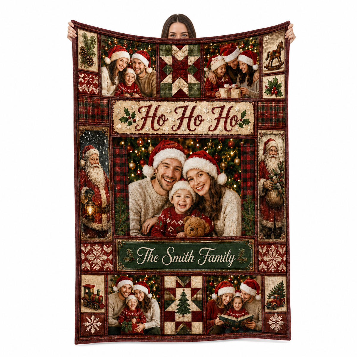 person holding up a ho ho ho christmas photo blanket