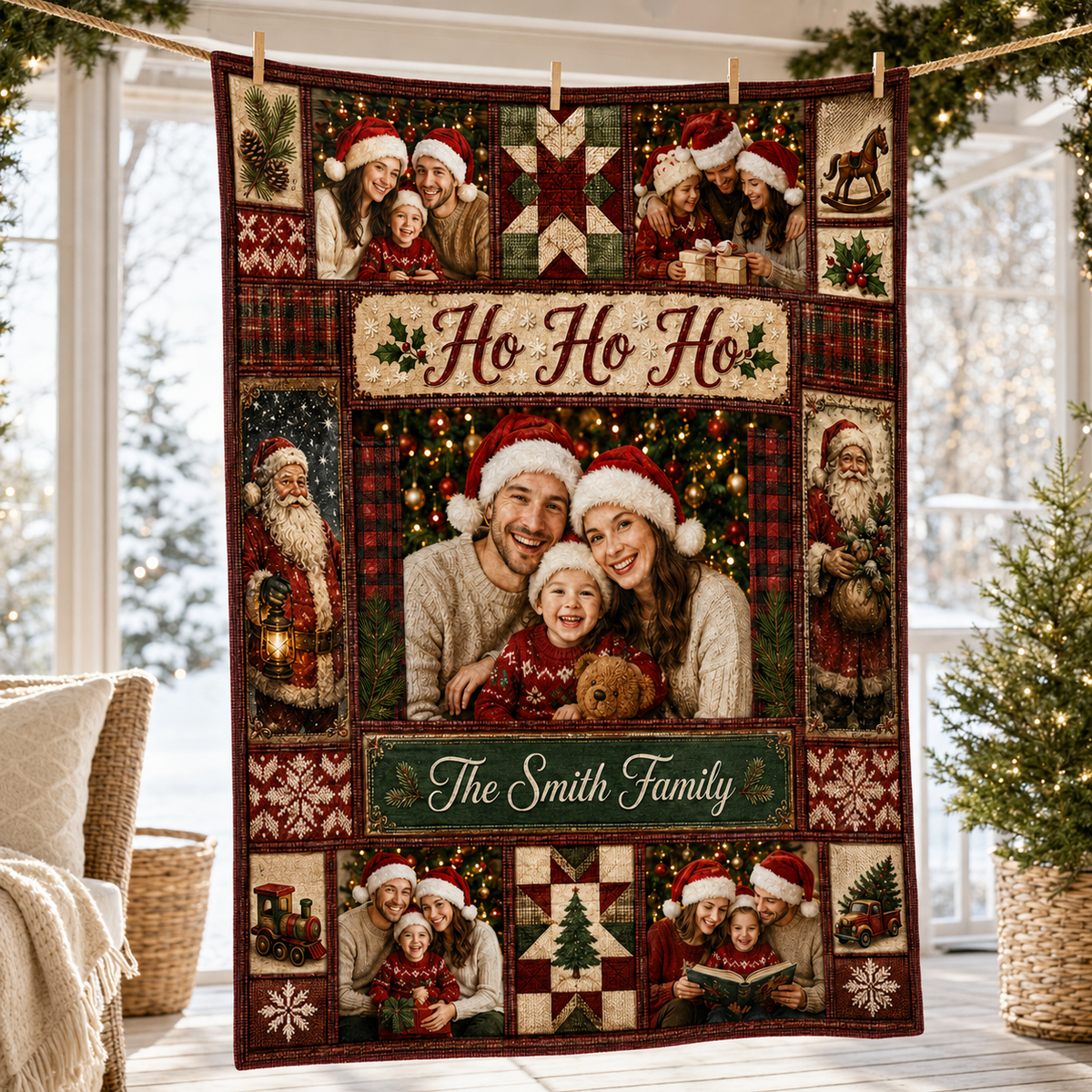 family portrait photo blanket hanging by clothespins