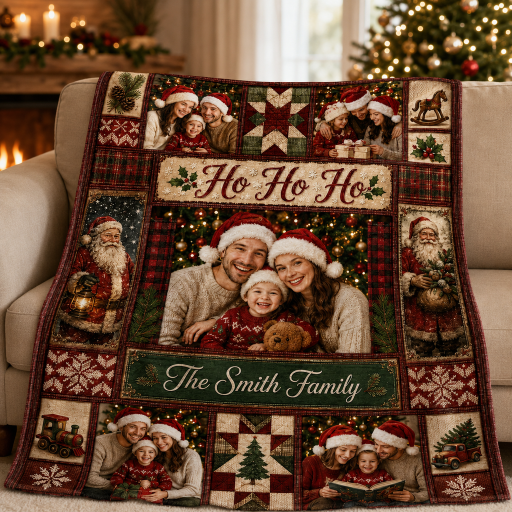 christmas photo blanket draped over a sofa