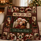 christmas photo blanket draped over a sofa