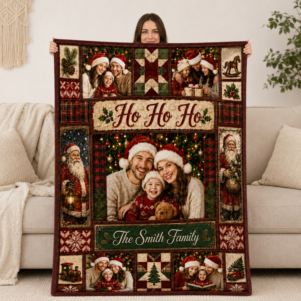 ho ho ho custom family blanket in a living room