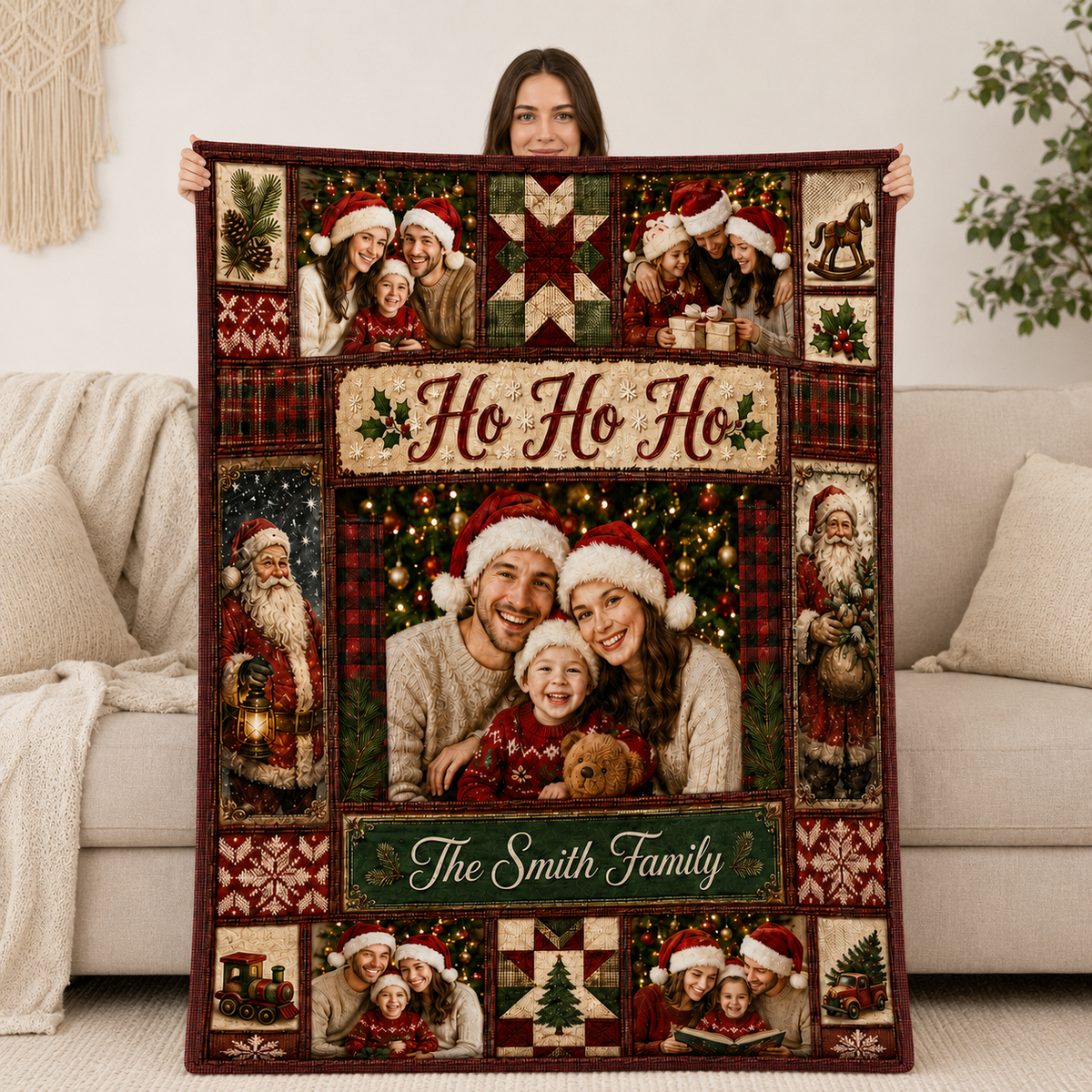 ho ho ho custom family blanket in a living room
