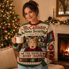 woman wearing a home alone this house is booby trapped ugly christmas