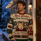 man modelling a kevin mccallister home alone christmas jumper outside a snowy