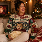 woman on a couch smiling in a home alone booby trapped holiday