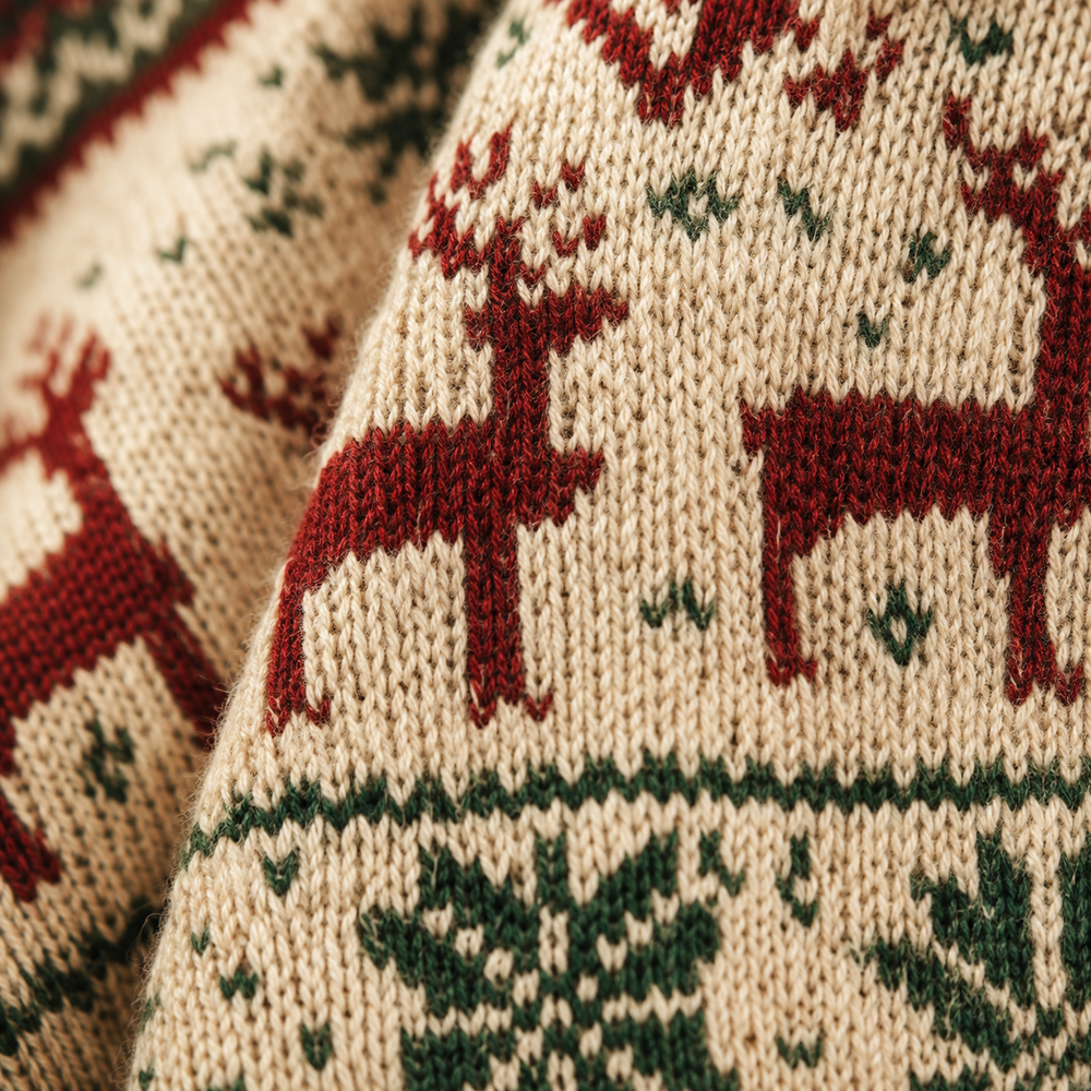 close-up of real knitted ugly christmas sweater fabric