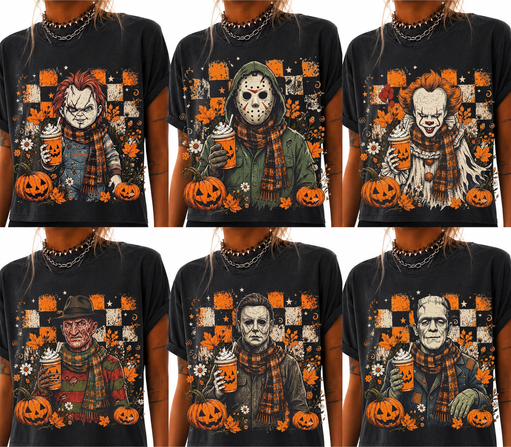 six horror character graphic tees and hoodies laid out as a contact