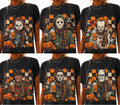 six horror character graphic tees and hoodies laid out as a contact