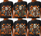 six horror character graphic tees and hoodies laid out as a contact