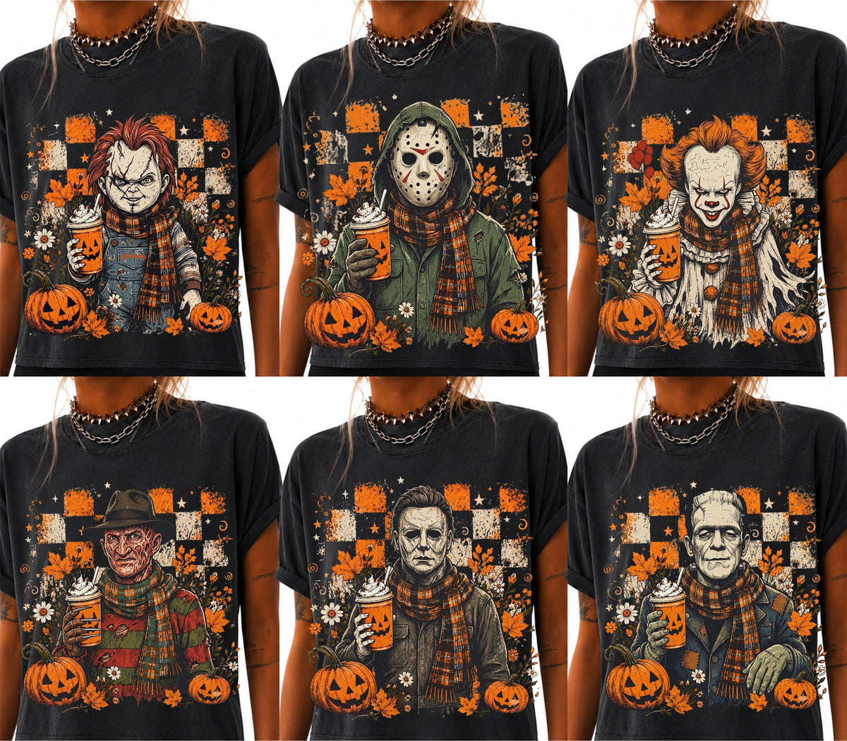 six horror character graphic tees and hoodies laid out as a contact