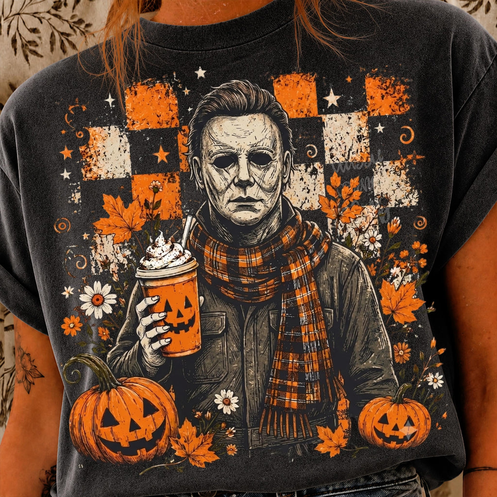 graphic hoodie featuring Michael Myers in a plaid scarf holding a pumpkin