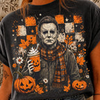 graphic hoodie featuring Michael Myers in a plaid scarf holding a pumpkin