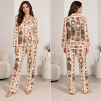 woman wearing horror movie club satin pajama set with Slasher and Creepy Clown