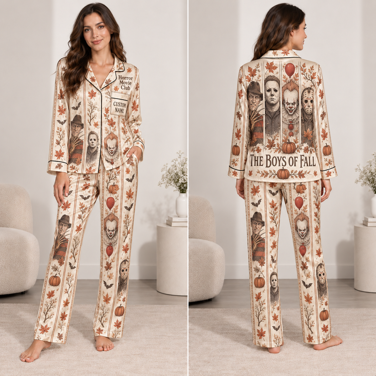 woman wearing horror movie club satin pajama set with Slasher and Creepy Clown
