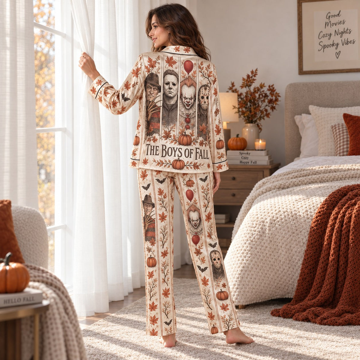 woman in horror movie club the boys of fall pajamas sitting