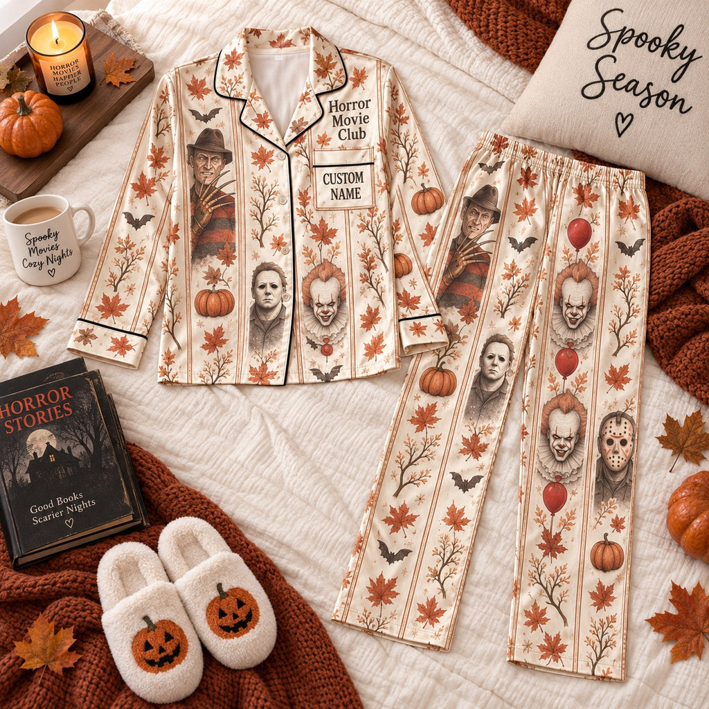 flat lay horror villain portrait satin pajamas with a custom name on the chest
