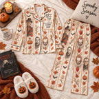 flat lay horror villain portrait satin pajamas with a custom name on the chest