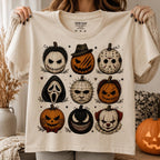 woman holding horror pumpkin illustration graphic tee with nine character jack o