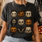 grey horror pumpkin hoodie with horror movie icon pumpkin grid worn with
