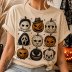 beige horror pumpkin graphic tee styled with tied knot and autumn decor