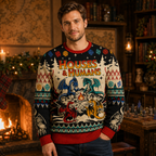 man wearing a black and red Houses & Humans ugly Christmas sweater