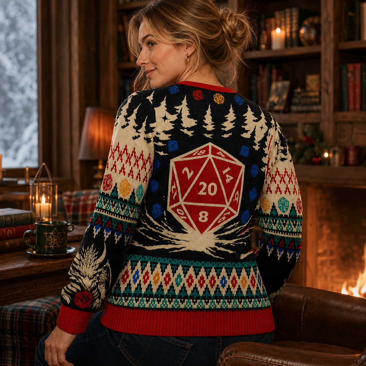 woman modelling the back of the Houses & Humans knit Christmas sweater