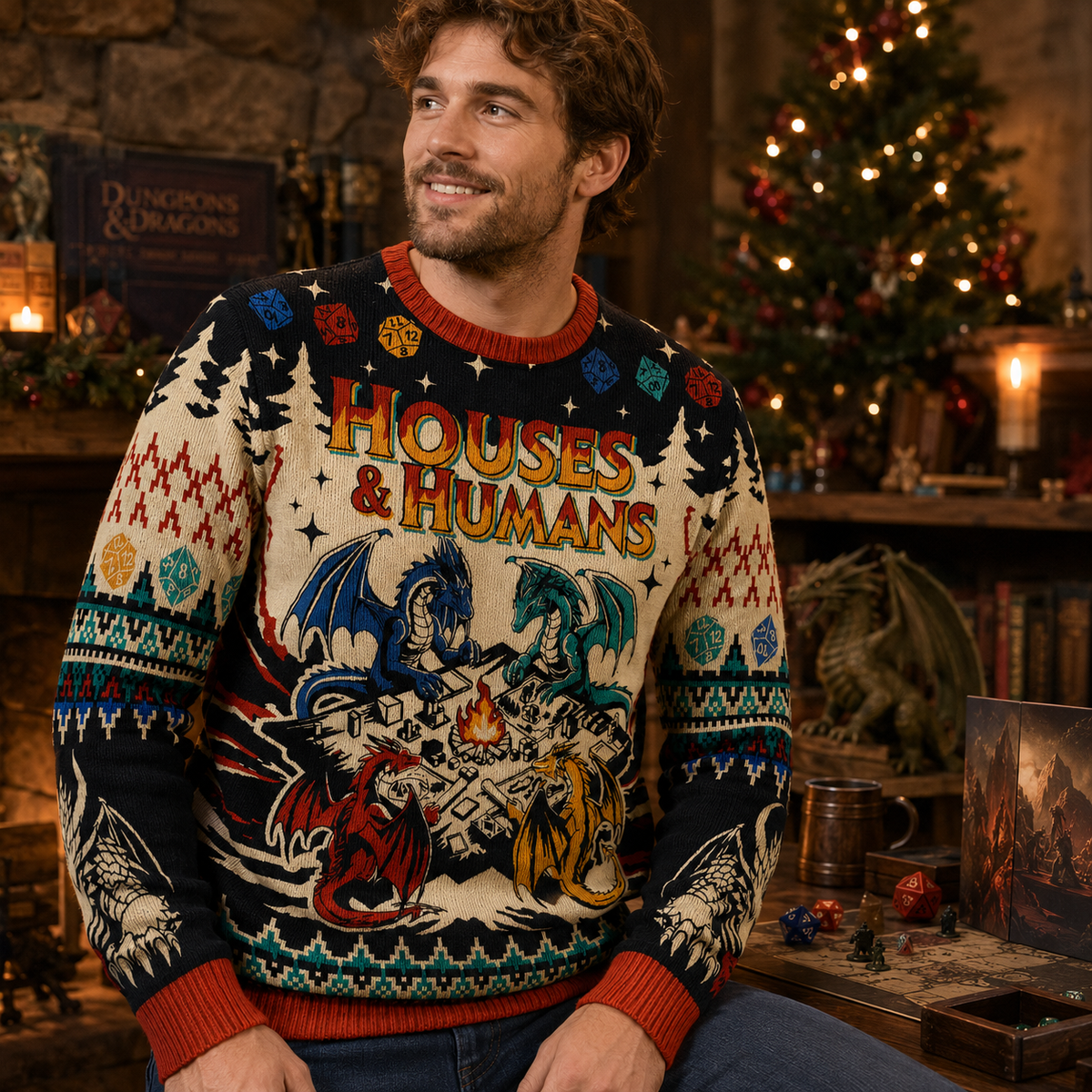 man seated in a cosy tavern wearing the Houses & Humans dragon