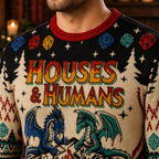 close up of the HOUSES & HUMANS lettering and blue dragon artwork