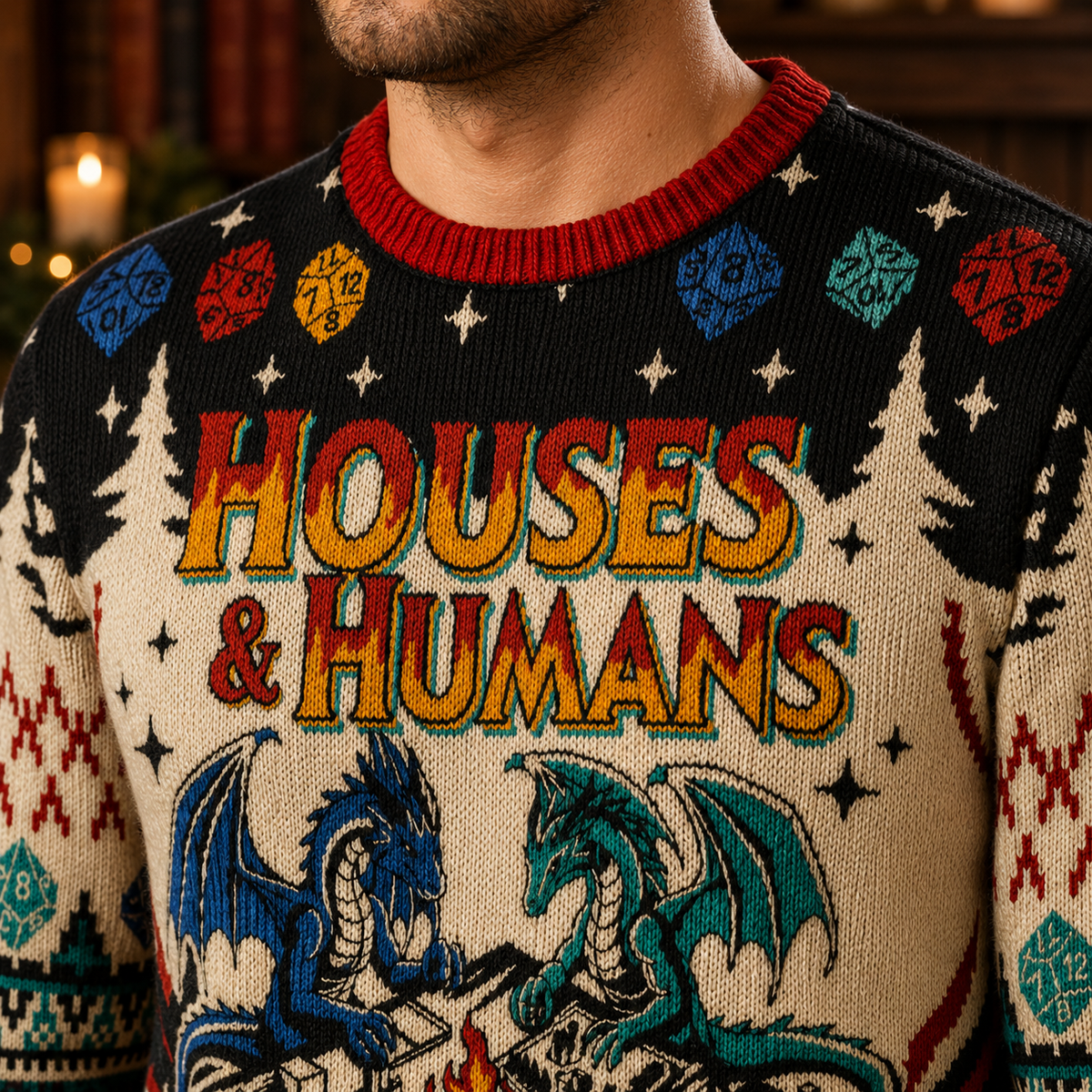 close up of the HOUSES & HUMANS lettering and blue dragon artwork