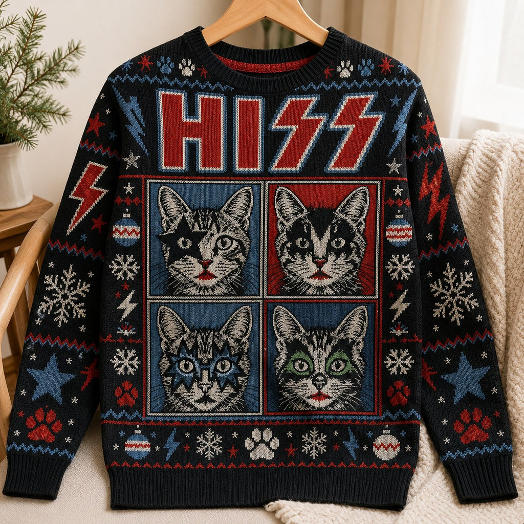 all over print sweater with four cat face panels and red Hoz