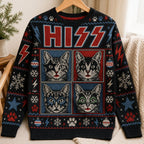 all over print sweater with four cat face panels and red Hoz
