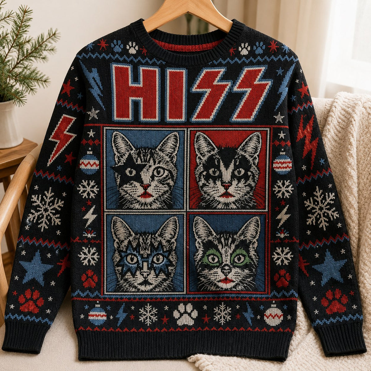 all over print sweater with four cat face panels and red Hoz