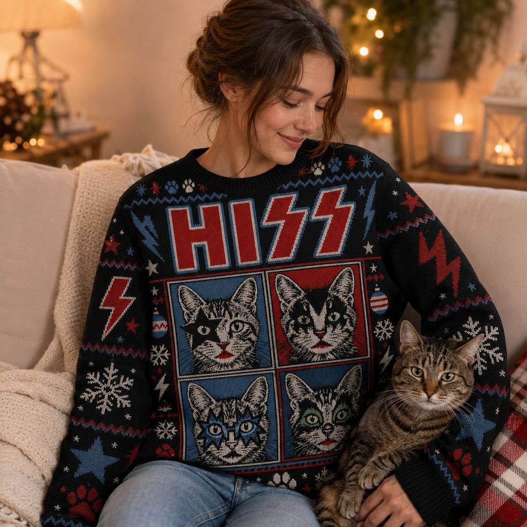 woman sitting on couch wearing a cat face printed holiday sweater with