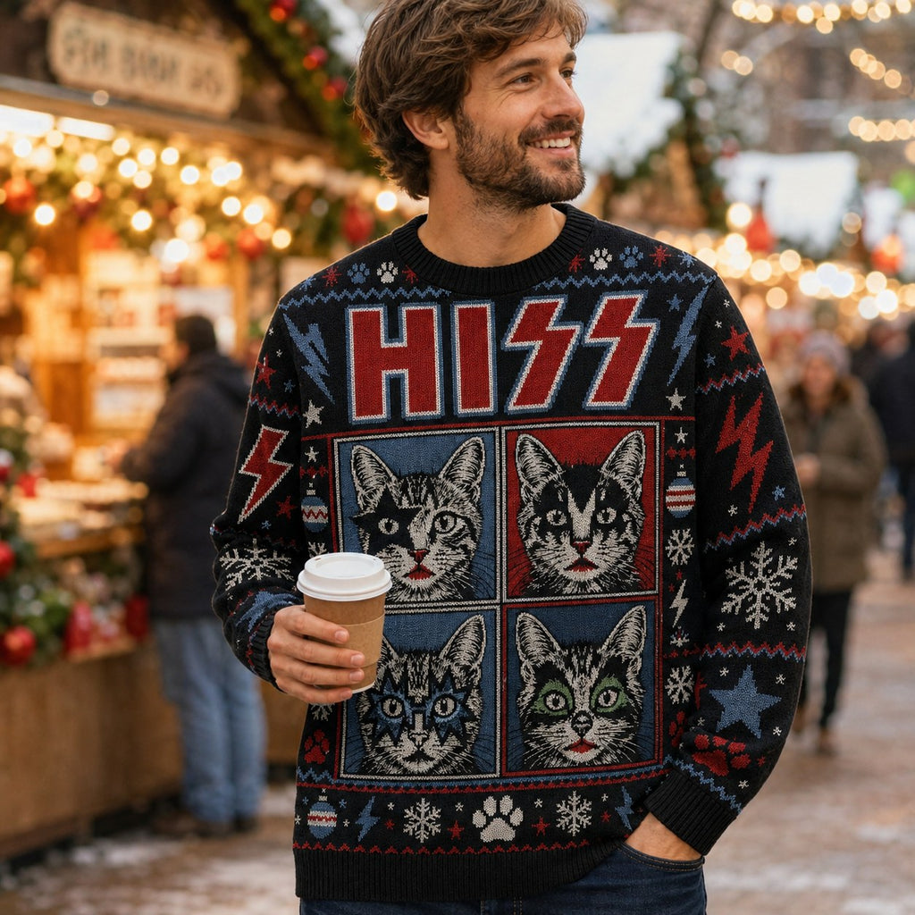 man at a christmas market wearing a four panel cat face all
