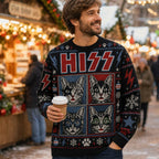 man at a christmas market wearing a four panel cat face all