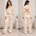 woman wearing thanksgiving satin pyjamas with pumpkin pie and Hurrah for the