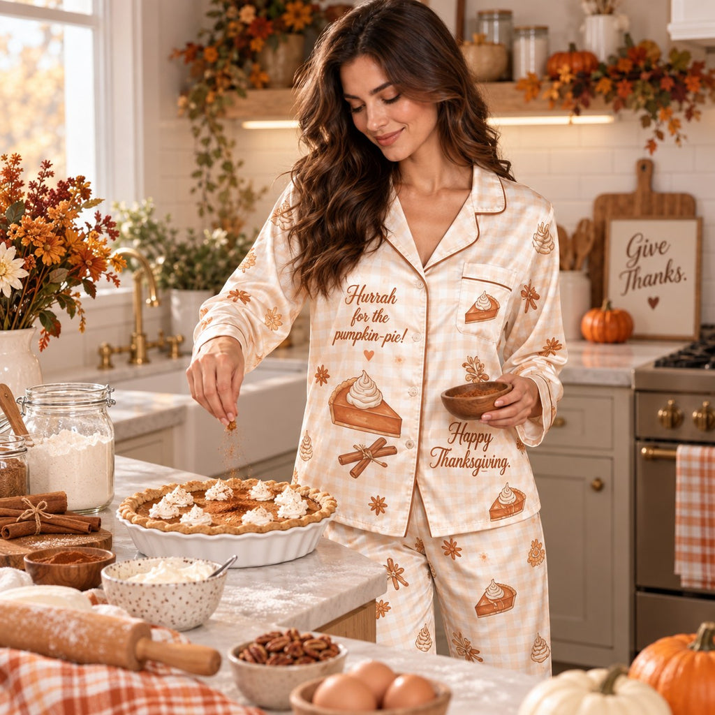 woman reading a book on the couch in thanksgiving satin pyjamas set