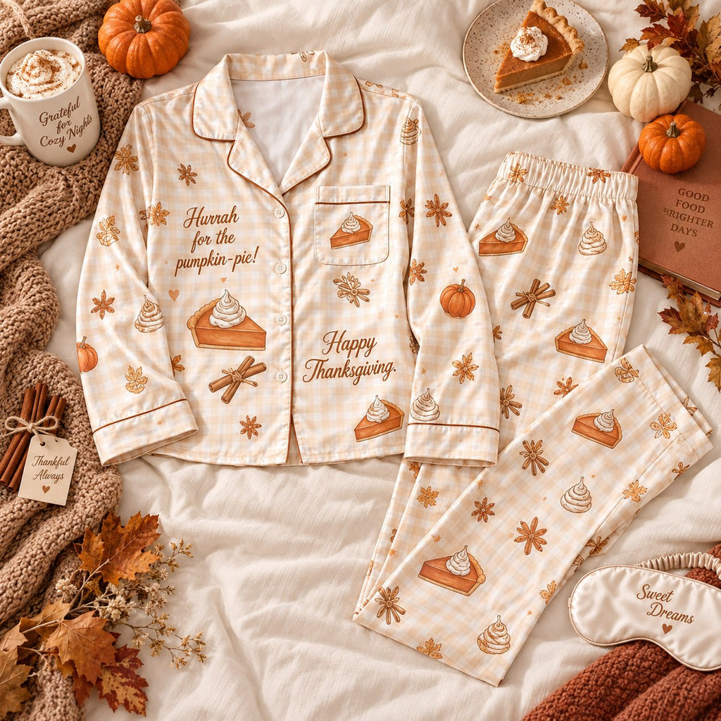 Hurrah For The Pumpkin Pie Thanksgiving Satin Pyjamas Set, Happy Thanksgiving Lounge Pyjamas, Give Thanks Sleep In Pyjamas Gifts For Her
