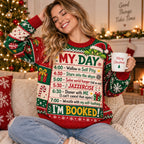 model wearing a ugly christmas sweater with a printed my day schedule