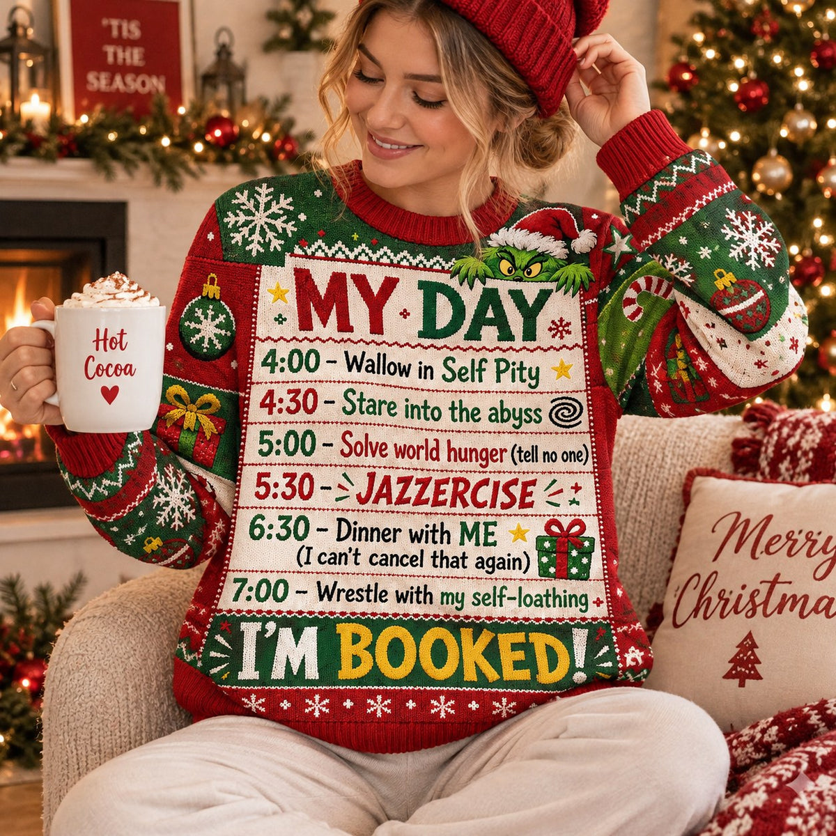 i'm booked sweater styled with a beanie and hot cocoa mug