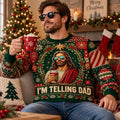 man wearing a green and red all over print ugly christmas sweater