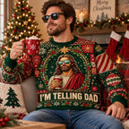 man wearing a green and red all over print ugly christmas sweater